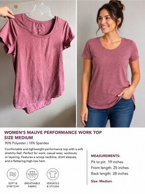 Women’s Mauve Performance Work Top Size Medium – High Low Hem Stretch Tee